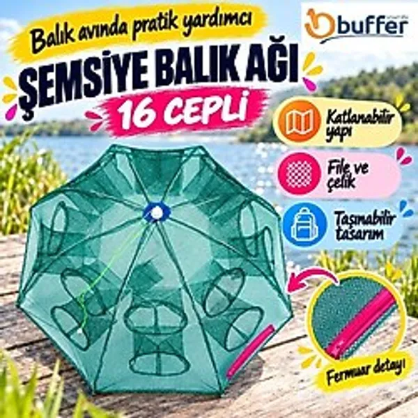 N&M Store Nm Store Şemsiye Balık Ağı Yakalama Tutma Filesi 16 Cepli Büyük Boy Taşınabilir Serpme Balık Tuzağı