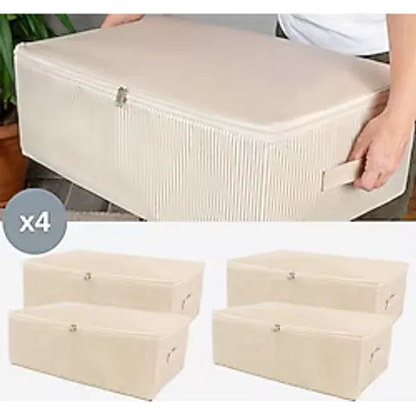 Nacarev 4 Adet Büyük Boy Çizgi Desen Baskılı Krem Baza Altı Düzenleyici Hurç Seti 60x40x20 cm