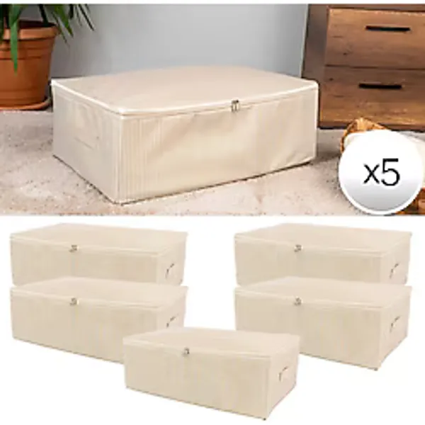 Nacarev 5 Adet Büyük Boy Çizgi Desen Baskılı Krem Baza Altı Düzenleyici Hurç Seti 60X40X20 cm