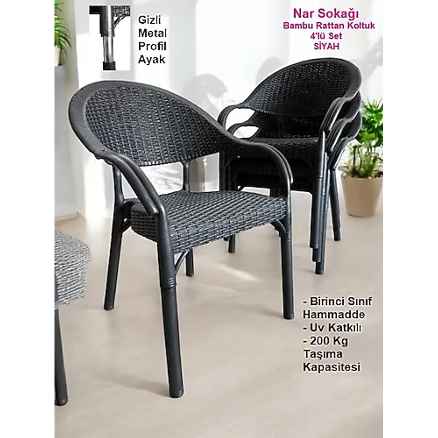 Nar Sokağı 4 Adet Bambu Rattan Kollu Sandalye Koltuk Siyah
