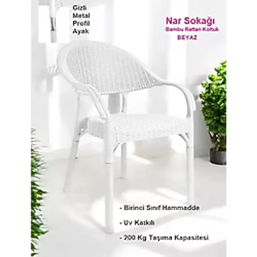 Nar Sokağı Bambu Rattan Kollu Sandalye Koltuk Beyaz