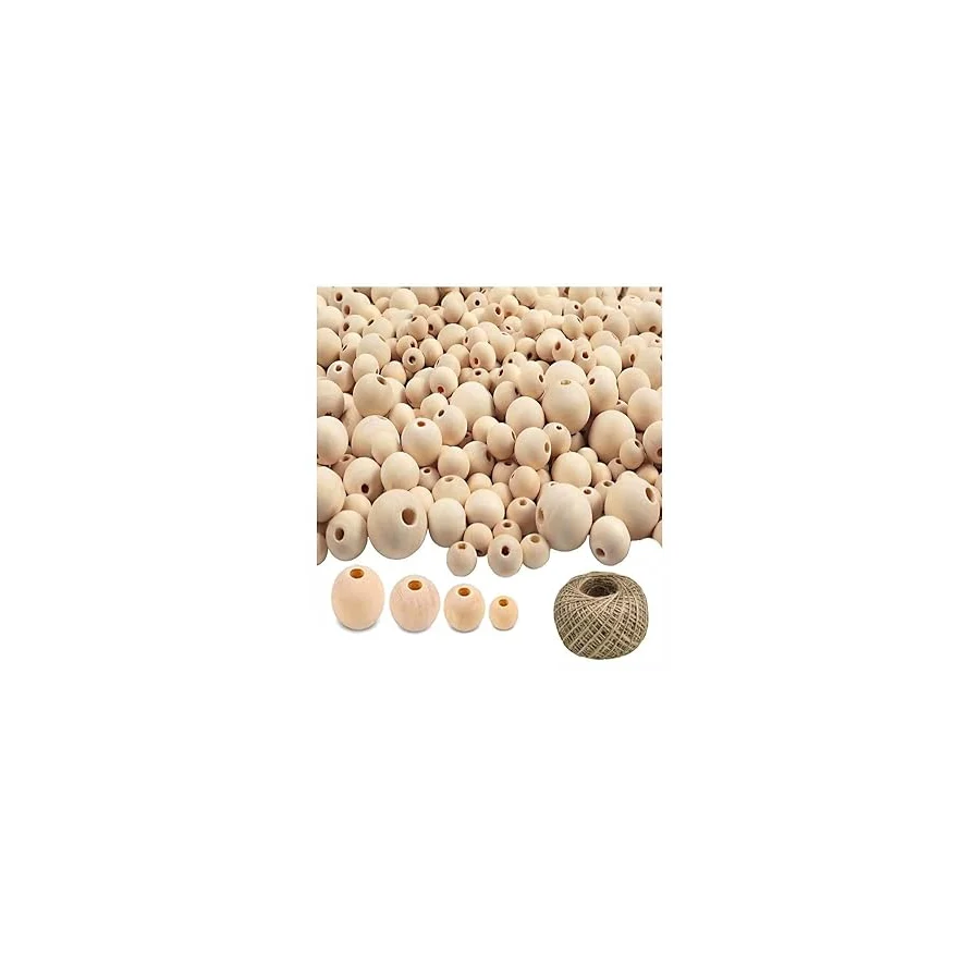 Naturel Ahşap Boncuk 200 Lü 1 Paket Jüt İpi Ham Boyanabilir Ahşap Yuvarlak Doğal Boncuklar Takı Tasarım Ektinlik Kreş