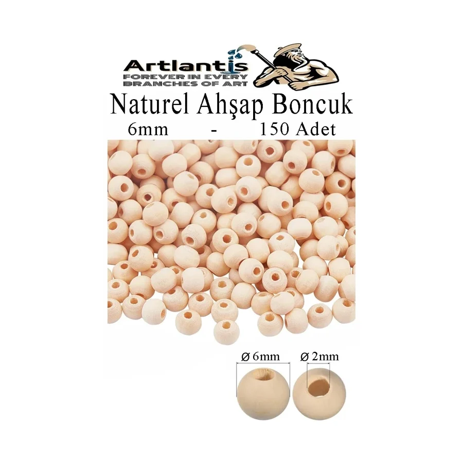 Naturel Ahşap Boncuk 6mm 150 li 1 Paket Ham Boyanabilir Ahşap Yuvarlak Doğal Boncuklar Takı Tasarım Ektinlik Kreş Okul