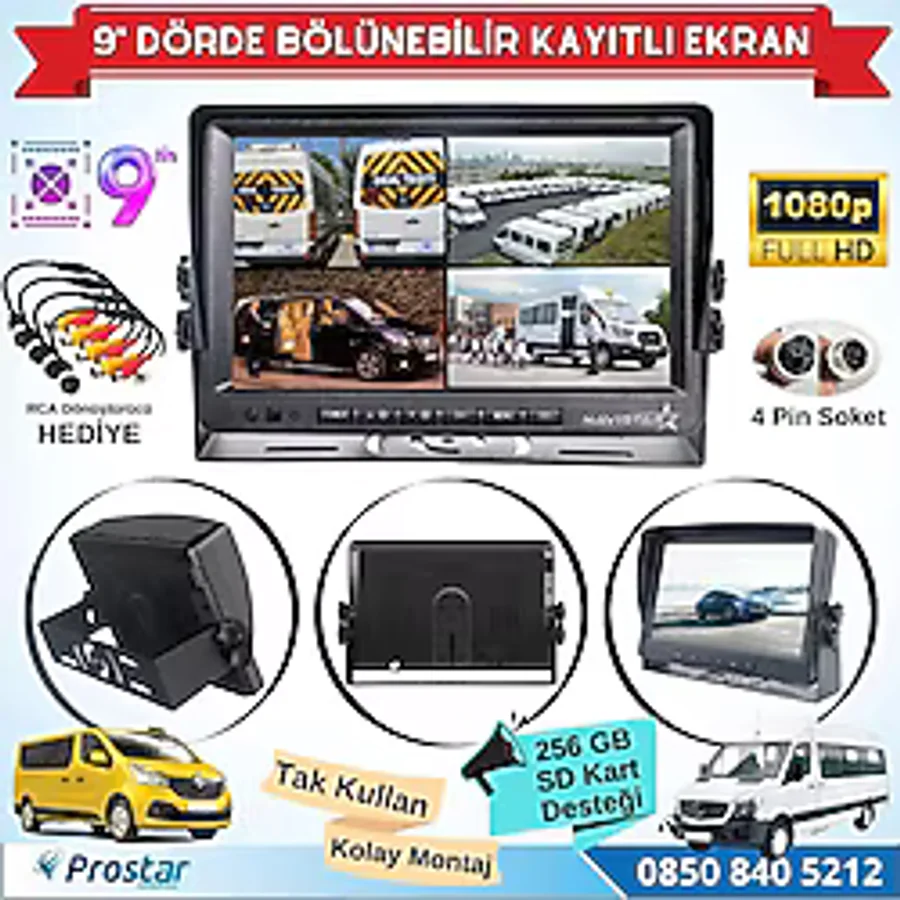 Navistar 9 Inç Kayıtlı Dörde Bölünür Monitör 256GB Sd Destekli 4