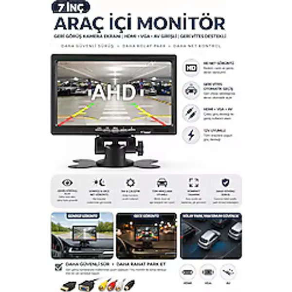Naystek 7 İnç HD Araç İçi Monitör HDMI VGA Geri Görüş Kamera Uyumlu TFT LCD Ekran (RCA Video Girişli)