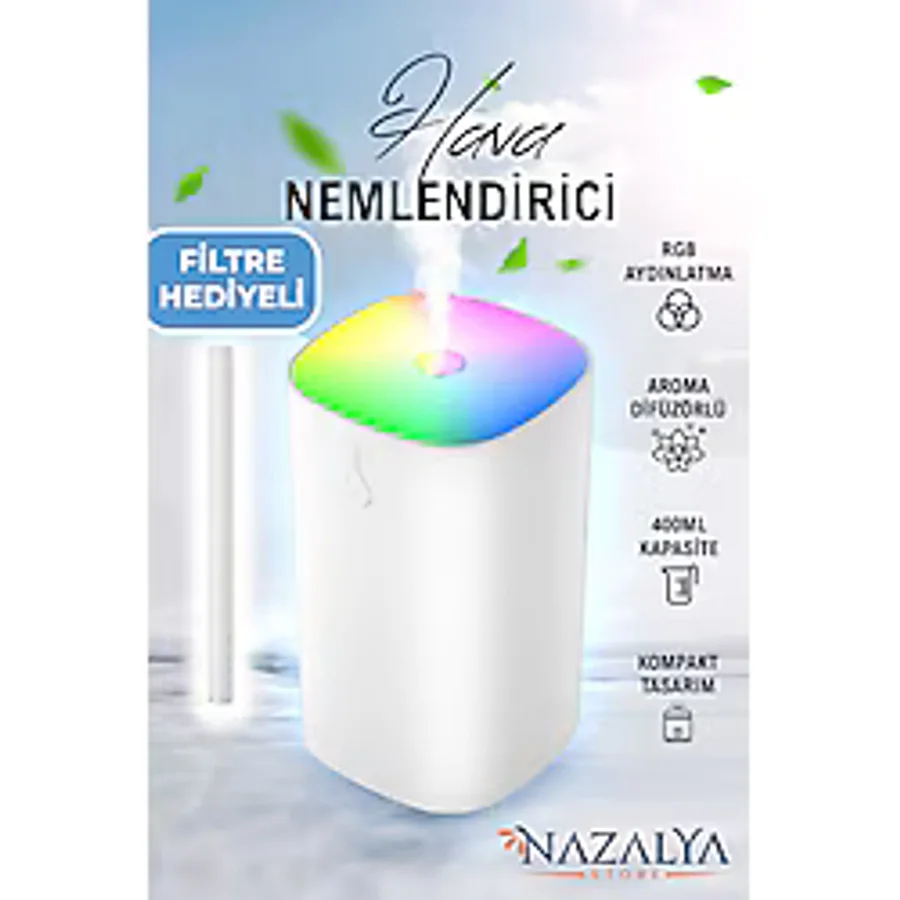 Nazalya 400 ml Ultrasonik Hava Nemlendirici Buhar Makinesi ve Aroma Difüzörü - Beyaz Renk