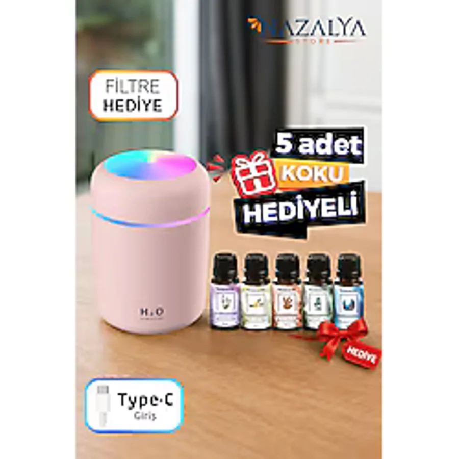 Nazalya +5 Adet Koku Hediyeli Ultrasonik Oda ve Araç Hava Nemlendirici Buhar Makinesi Ve Aroma Difüzörü Koku