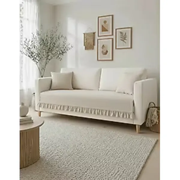 NDC Home Fırfırlı Keten Koltuk Örtüsü [kırlentli] -Krem - 90 x 200 cm