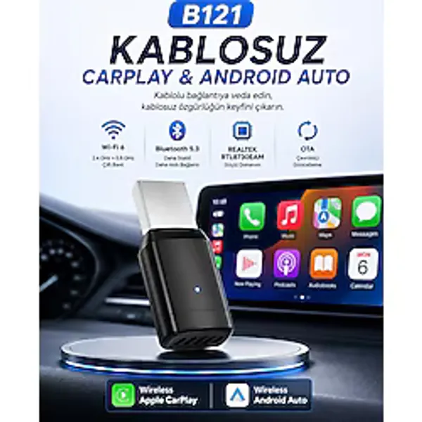 Need B121 2'si 1 Arada Kablosuz CarPlay & Android Auto Dönüştürücü Adaptör Wi-Fi 6, Bluetooth 5.3