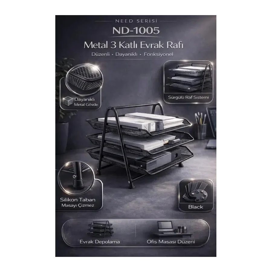 Need ND-105 Perfore 3 Katlı Siyah Evrak Rafı
