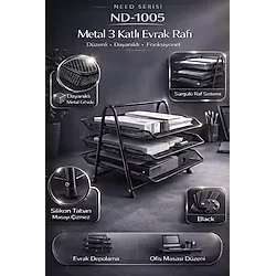 Need ND-105 Perfore 3 Katlı Siyah Evrak Rafı