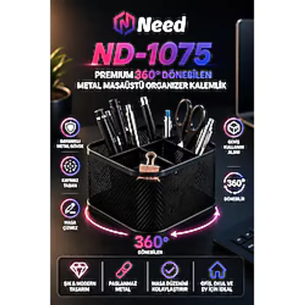 Need ND-1075 Premium 360° Dönebilen Metal Masaüstü Organizer Kalemlik - Siyah - standart