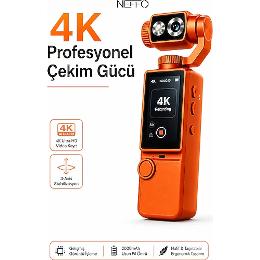 Neffo 4K Hd Taşınabilir Vlog Spor ve Aksiyon Kamerası 2.0" Döndürülebilir IPS Ekran Gimbal Kamera