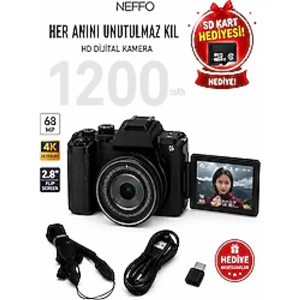 Neffo 4K Ultra Hd Dijital Fotoğraf Makinesi 68 Mp 28X Zoom 180° Döner Ekran Wifi Kompakt Kamera - Siyah