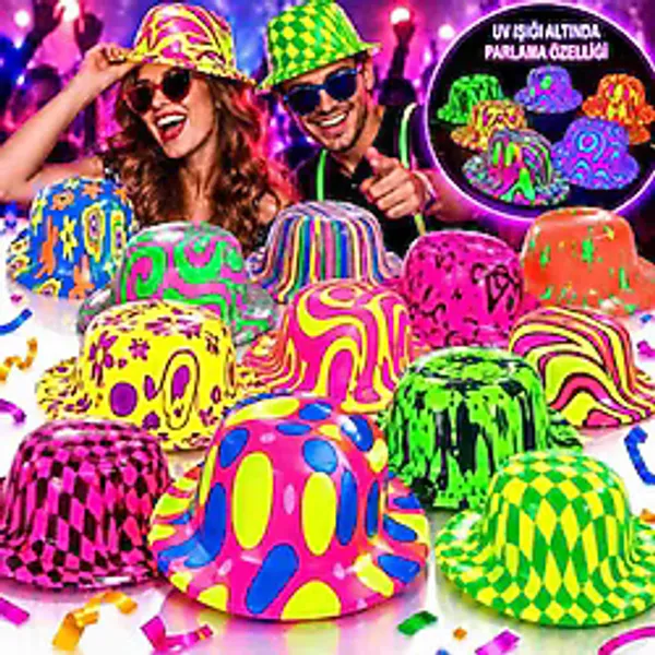 Neon Desenli Uv Işıkta Parlayan Parti Şapkası - Karışık 1 Adet