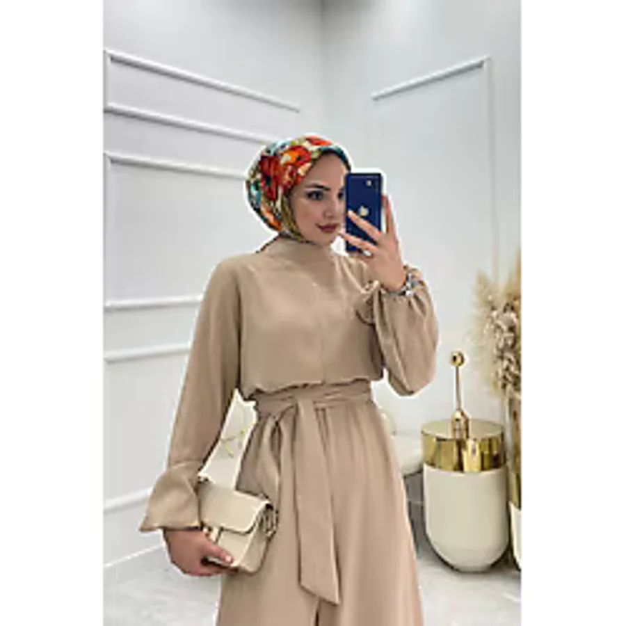 Neşeli Butik Kadın Bej Kuşaklı Gül Detaylı Salaş Tesettür Tulum Nms003