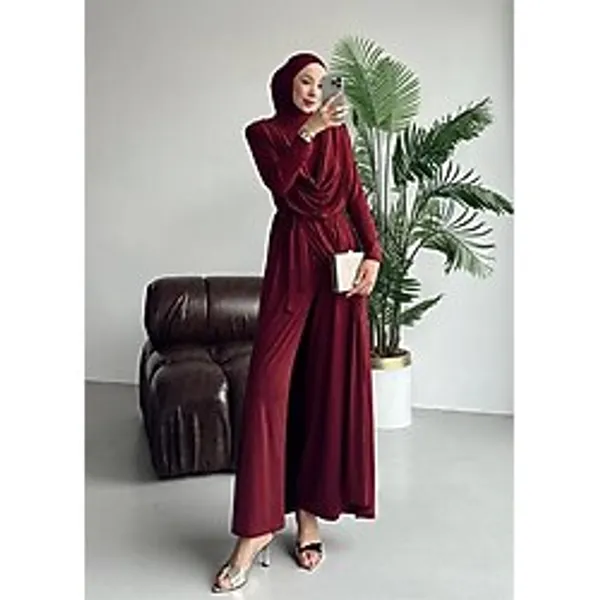 Neşeli Butik kadın bordo degaje yaka kuşaklı sandy kumaş tesettür tulum NMS089