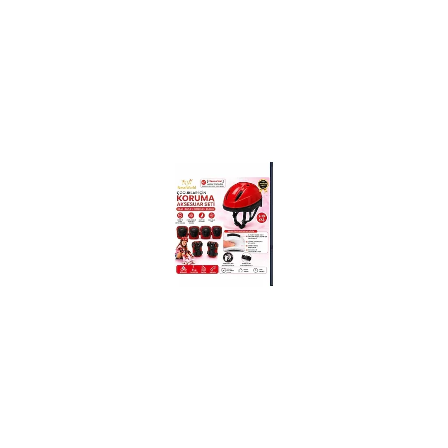 NessiWorld Çocuk Kaskı ve Dizlik, Dirseklik Eldiven Set Kırmız/kırmızısiyah