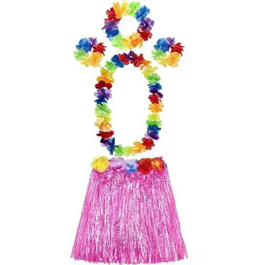 Nessiworld Yetişkin Ve Çocuk Uyumlu Luau Aloha Hawaii Pembe Etek Ve Renkli Kolye Taç 2 Adet Bileklik Seti