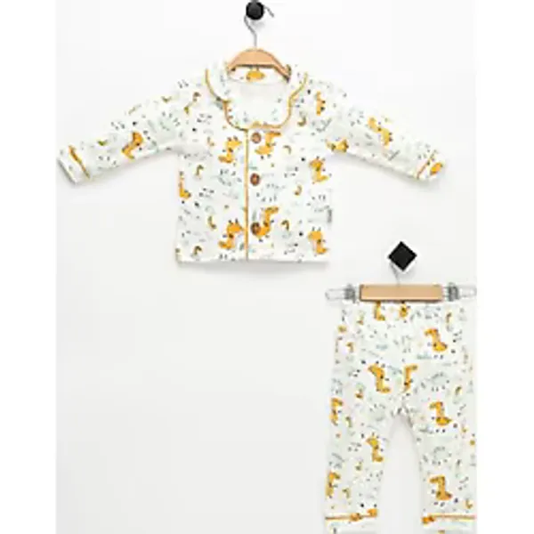 NEU KIDS Erkek Çocuk Dino Baskılı Uzun Kollu Bebe Yaka %100 Pamuklu Pijama Takımı, Ekru, 1 Yaş