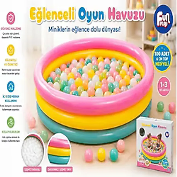 NeUygun Eğlenceli Oyun Havuzu 90 cm 1-3 Yaş Çocuklar İçin Şişme Top Havuzu Hediyeli 100 Adet Top