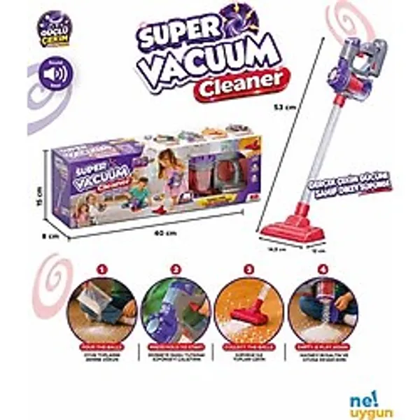 NeUygun Sesli ve Güçlü Çekim Özellikli Oyuncak Dikey Süpürge, Topları Çeken 53 cm Temizlik Oyun Seti Süper Vacuum Cleaner