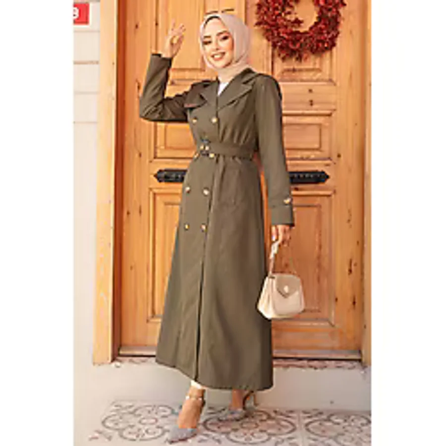 Neva Style Kemerli Haki Tesettür Trençkot 61500HK