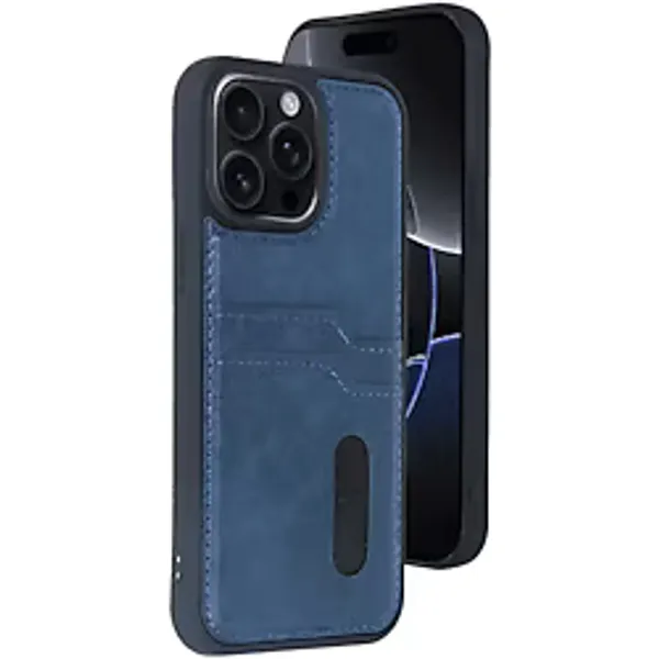 NEWFACE iPhone 14 Pro Max Uyumlu Sara Kartvizitli Deri Telefon Kılıfı Lacivert