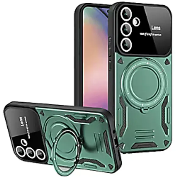 NEWFACE Samsung Galaxy S24 FE Uyumlu Joy Lens Standlı Kapak Telefon Kılıfı Koyu Yeşil