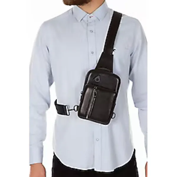 Newish Polo Erkek Siyah Deri Telefon Cüzdan Bölmeli USB Kulaklık Çıkışlı Çapraz Göğüs ve Omuz Çantası newpolo076