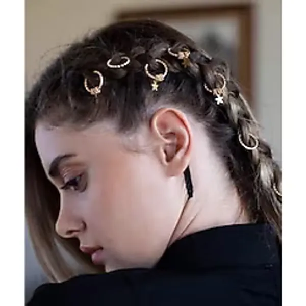 Newobsessions Glamour Yıldızlı Saç Küpesi, Gümüş, Altın, 7 Adet Set, Kadın