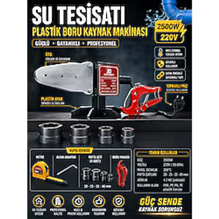 nextbuy 2500W Su Tesisatı Plastik Boru Kaynak Makinesi Çift Kademe Ayarlı Çantalı Makas Pafta Ucu Alyan Seti