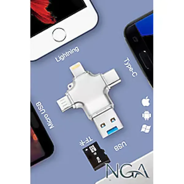 NGA 64GB 4in1 OTG Flash Bellek USB 3.0 Yüksek Hız (Type-C Micro Usb USB-C Lightning) Telefon PC Uyumlu