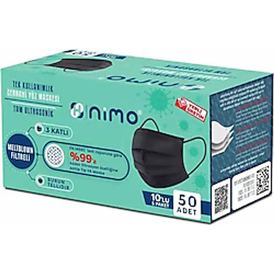 Nimo 3 Katlı Ultrsonik Meltblown 5x10 50'li Siyah Cerrahi Maske