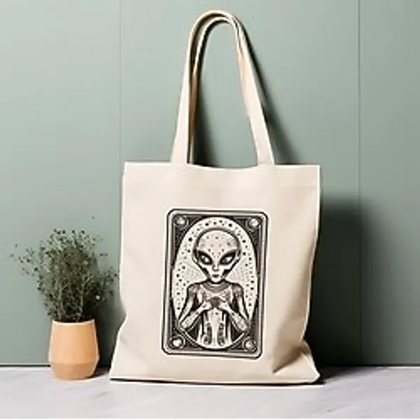 Ninastore %100 Pamuklu Tote Çanta, Tarot Kartı Uzaylısı. Çevre Dostu, Estetik Alışveriş Çantası, Ömür Boyu Kullanabileceğiniz Çanta. - Renkli