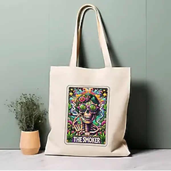Ninastore Tarot Kartı Tote Çanta, Sigara Içen, Iskelet, Çiçekler, %100 Pamuklu Tote Çanta. Çevre Dostu, Estetik Alışveriş Çantası, Ömür Boyu Kullanabileceğiniz Çanta. - Renkli