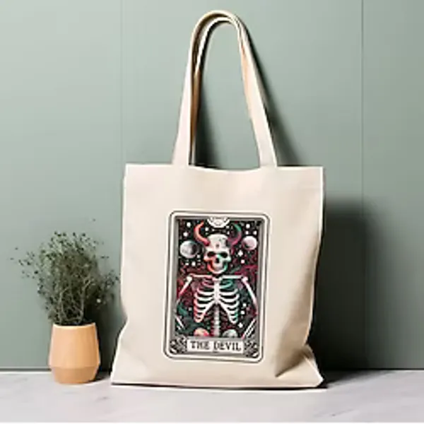 Ninastore Tarot Kartı Tote Çantası, Şeytan, Iskelet, Uzay, %100 Pamuklu Tote Çanta. Çevre Dostu, Estetik Alışveriş Çantası, Ömür Boyu Kullanabileceğiniz Çanta. - Renkli