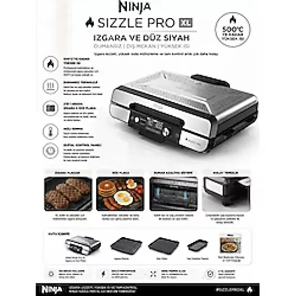 Ninja Pro Xl Elektrikli Izgara ve Plancha - 260°C Yüksek Isı, Protemp Iq Teknolojisi, Xl Pişirme Alanı, Dumansız Tasarım, Çift Plaka, Çıkarılabilir Kapak, 1800W - Gri