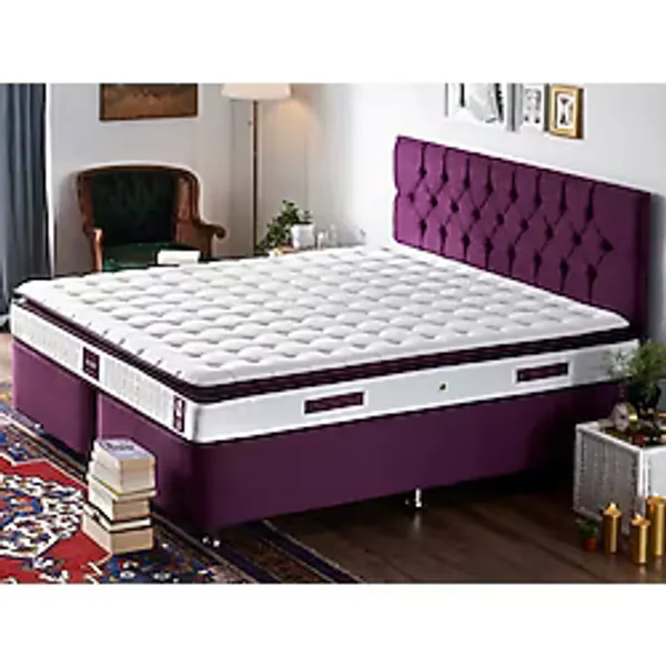 Niron Purple Yatak Seti 200x200 Cm Çift Kişilik Yatak Baza Başlık Takımı - Orta Sert Yatak Mor Baza Ve Başlığı