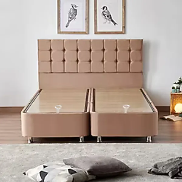 Niron Rama Baza ve Başlık Seti 160x200 cm Çift Kişilik Sütlü Kahve Kumaş Baza ve Başlığı Soho Kumaş