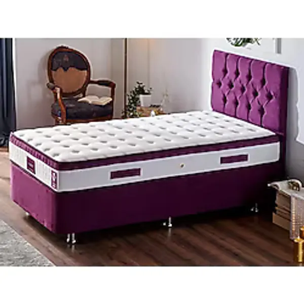 Niron Violet Yatak Seti 90x190 cm Tek Kişilik Yatak Baza Başlık Takımı Orta Sert Yatak Baza ve Başlığı Mor