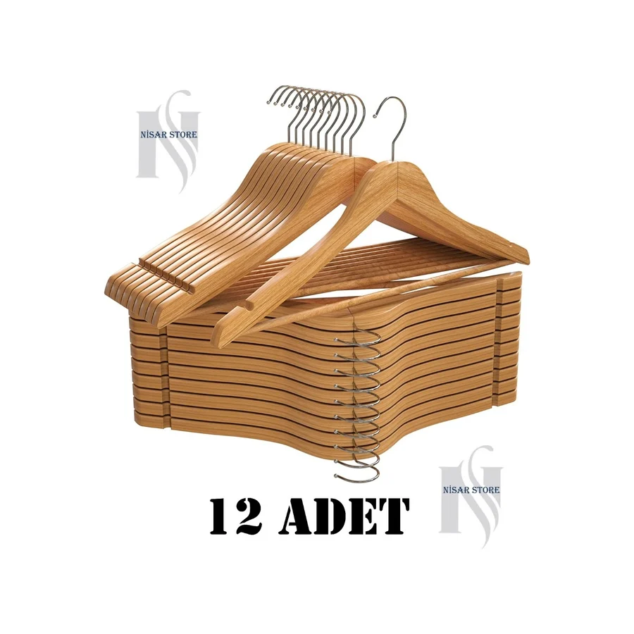 Nisar Store Nisarstore 12 Adet Ahşap Lüks Natürel Vernikli Elbise Ceket Askısı Dolap Düzenleyici - Ahşap Rengi