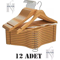 Nisar Store Nisarstore 12 Adet Ahşap Lüks Natürel Vernikli Elbise Ceket Askısı Dolap Düzenleyici - Ahşap Rengi