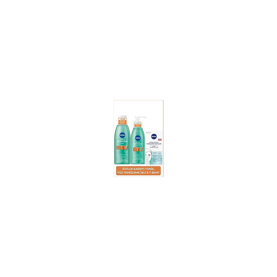 NIVEA Derma Skin Clear Sivilce Karşıtı Yüz Temizleme Jeli 150ml, Tonik 200ml, T-Bölgesi Burun Bandı