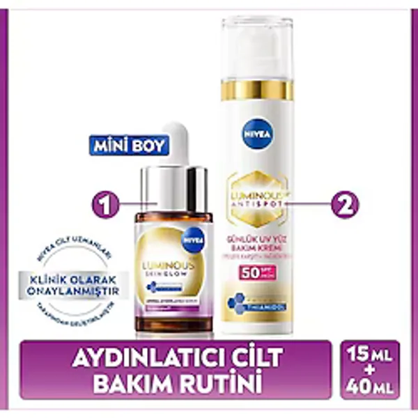 Nivea LUMINOUS630 Aydınlatıcı ve Leke Karşıtı Cilt Bakım Seti, SPF50 Yüz Güneş Kremi 40ML, Serum 15ML