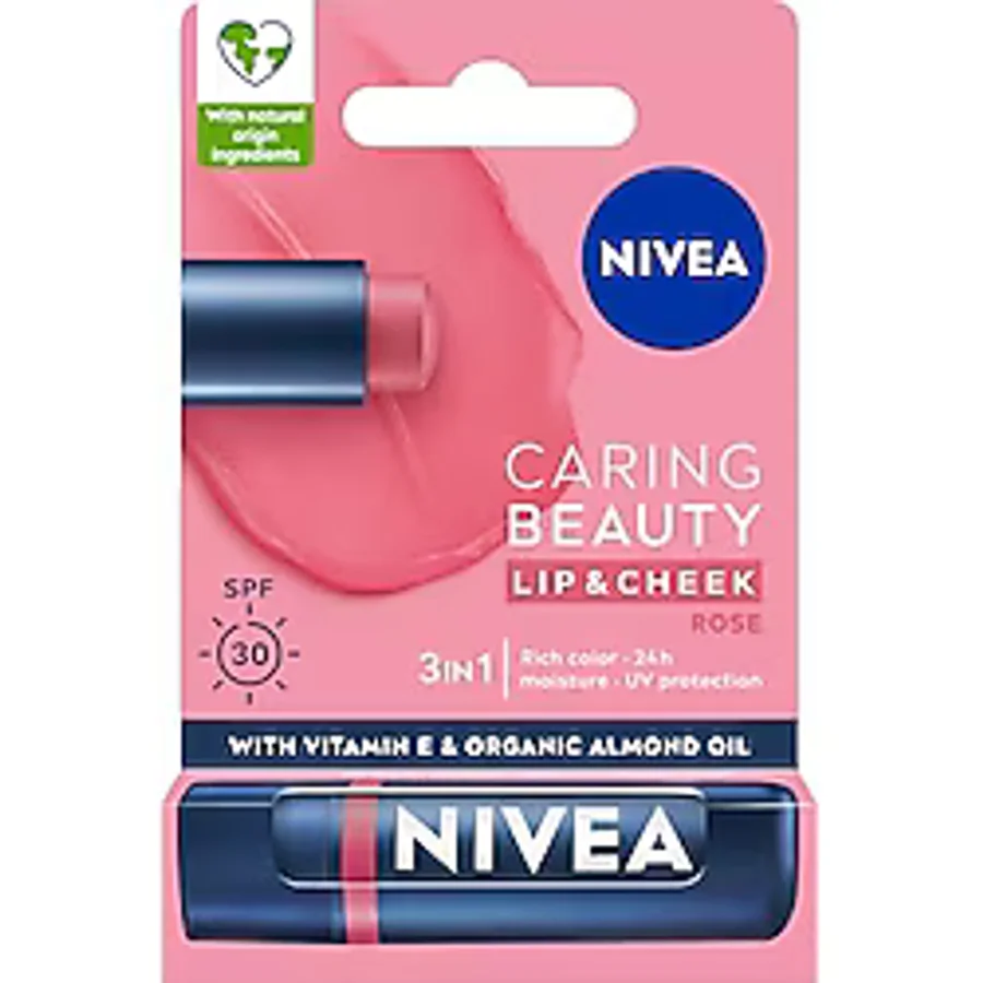NIVEA Renkli Nemlendirici Dudak Bakım Kremi Rose 4.8gr, SPF30, Allık Etkisi, Dudak ve Yanaklar, E Vitamini