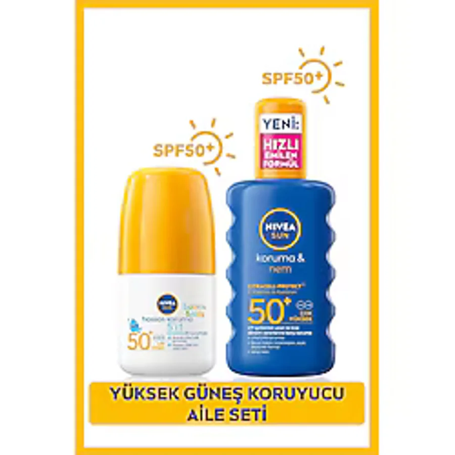 NIVEA SUN Çocuklar İçin Güneş Koruyucu Roll-on 50ml ve Koruma Nem Vücut Spreyi 200ml, SPF50, Çanta Hediye