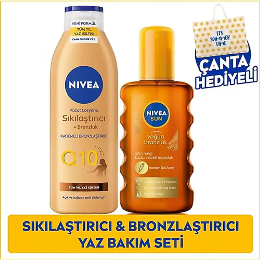NIVEA SUN Karoten Bronzlaştırıcı Vücut Güneş Spreyi 200ml ve Q10 Bronzluk Vücut Bakım Losyon 200ml, Plaj Çantası Hediye, Nemlendirici, Uzun Süreli Bronzluk, Güneş Bakım