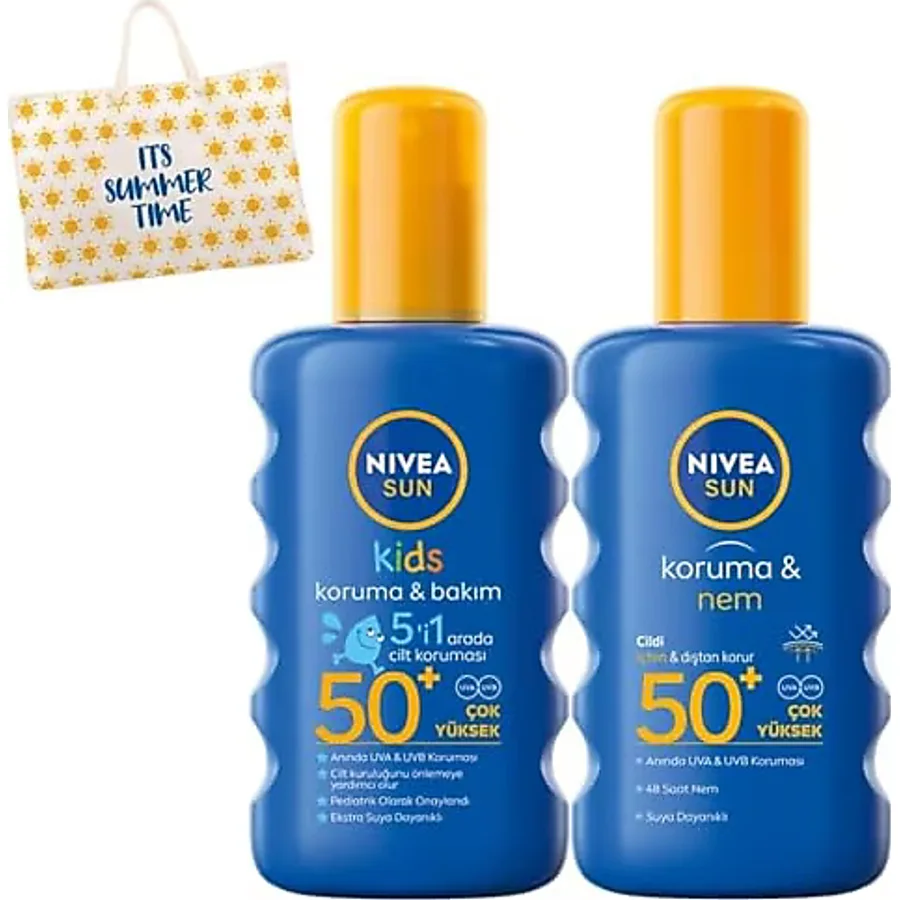 NIVEA Sun SPF 50+ Koruma & 48 Saat Nemlendirme Güneş Bakım Seti Sprey 200 ml ve NIVEA Sun SPF 50+ Koruma & Bakım Çocuk Güneş Spreyi 200 ml