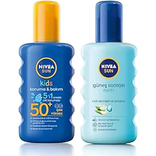 NIVEA Sun SPF 50+ Koruma & Bakım Çocuk Güneş Spreyi 200 ml, Ekstra Suya Dayanıklı Renkli Nemlendirici Güneş Kremi, Çok Yüksek Güneş Koruyucu ve Nivea Sun Güneş Sonrası Nem Spreyi 200 Ml